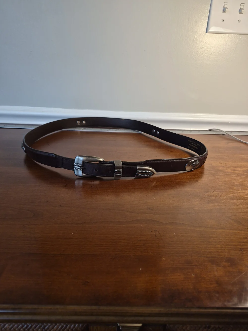 Men's Dark Brown Leather Belt with Silver Western Buckle Size 46